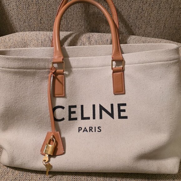 Celine Handbags - CELINE Horizontal Cabas Tote Hand Bag, Canvas Calf Skin, White, DISCONTINUED